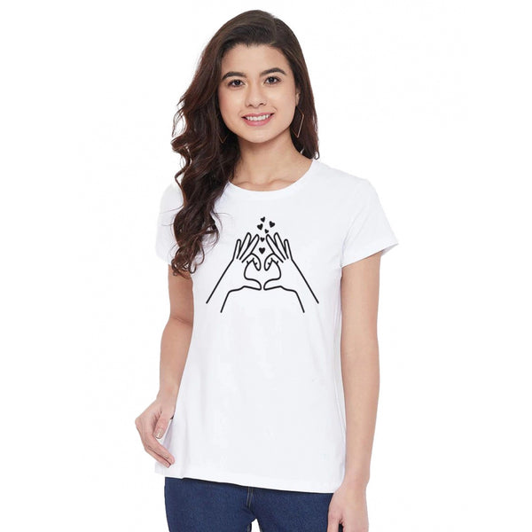 Generic Women's Cotton Blend Heart Hands Line Art Printed T-Shirt (White)