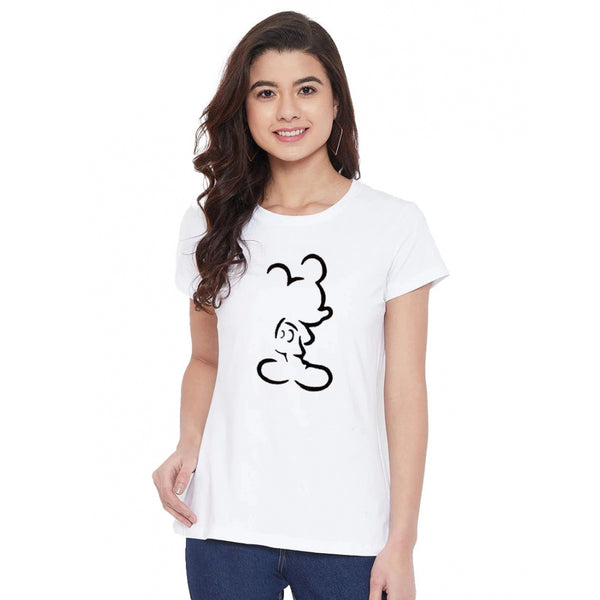 Generic Women's Cotton Blend Mickey Mouse Line Art Printed T-Shirt (White)