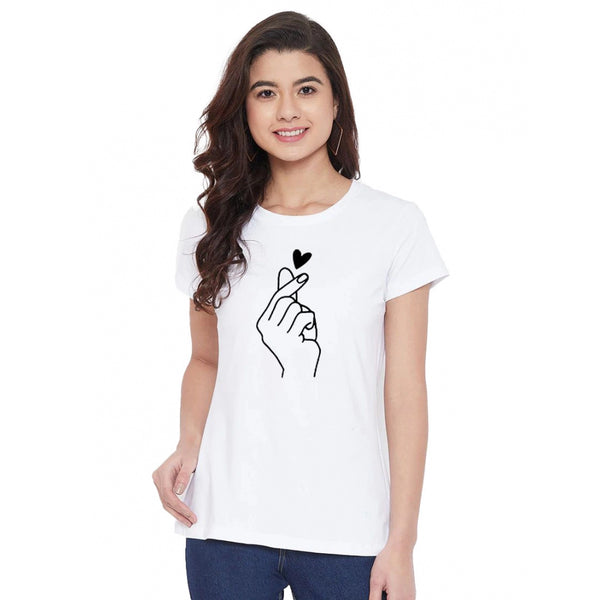 Generic Women's Cotton Blend Hand Heart Line Art Printed T-Shirt (White)
