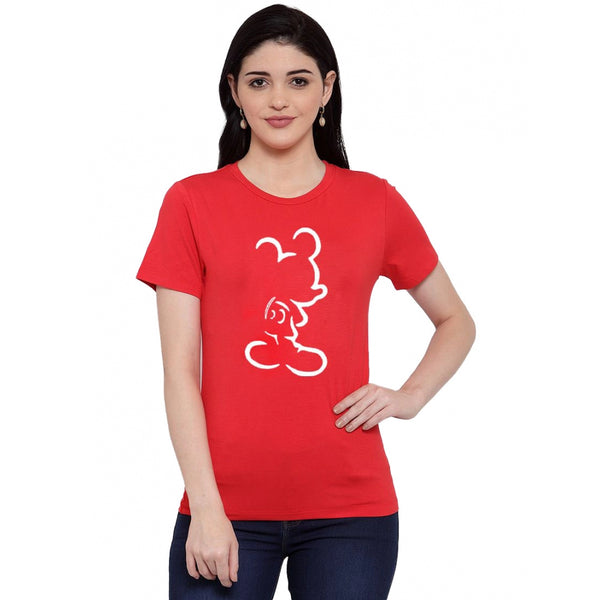 Generic Women's Cotton Blend Mickey Mouse Line Art Printed T-Shirt (Red)