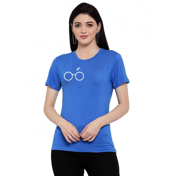 Generic Women's Cotton Blend Right Corner Black Eye Glasses Line Art Printed T-Shirt (Blue)