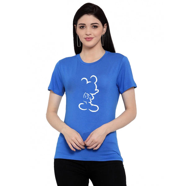 Generic Women's Cotton Blend Mickey Mouse Line Art Printed T-Shirt (Blue)