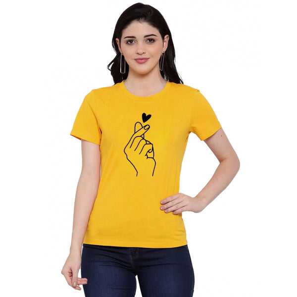Generic Women's Cotton Blend Hand Heart Line Art Printed T-Shirt (Yellow)