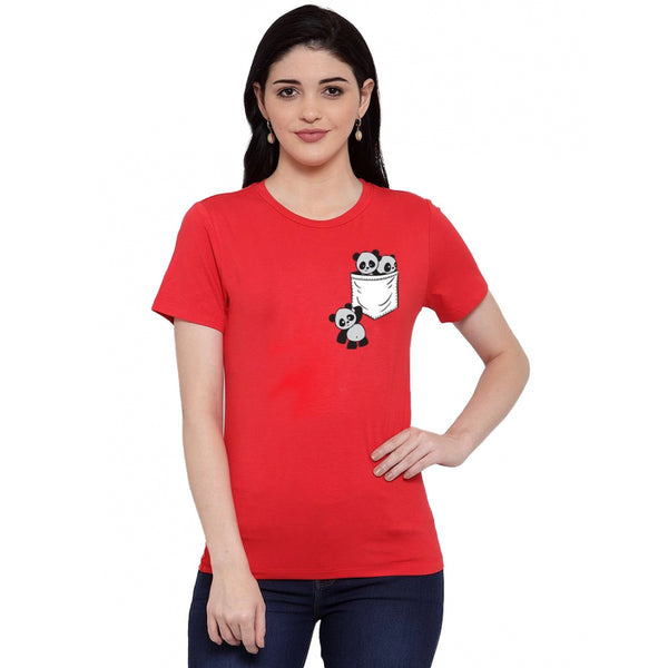 Generic Women's Cotton Blend Pandas In My Pocket Printed T-Shirt (Red)