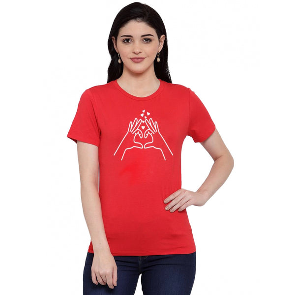 Generic Women's Cotton Blend Heart Hands Line Art Printed T-Shirt (Red)
