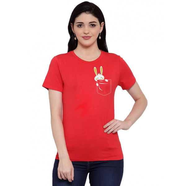 Generic Women's Cotton Blend Rabbit Printed T-Shirt (Red)