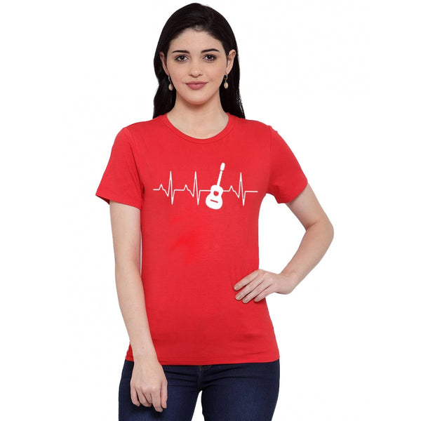 Generic Women's Cotton Blend Bass Guitar Heartbeat Line Art Printed T-Shirt (Red)