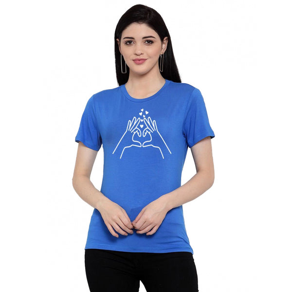 Generic Women's Cotton Blend Heart Hands Line Art Printed T-Shirt (Blue)