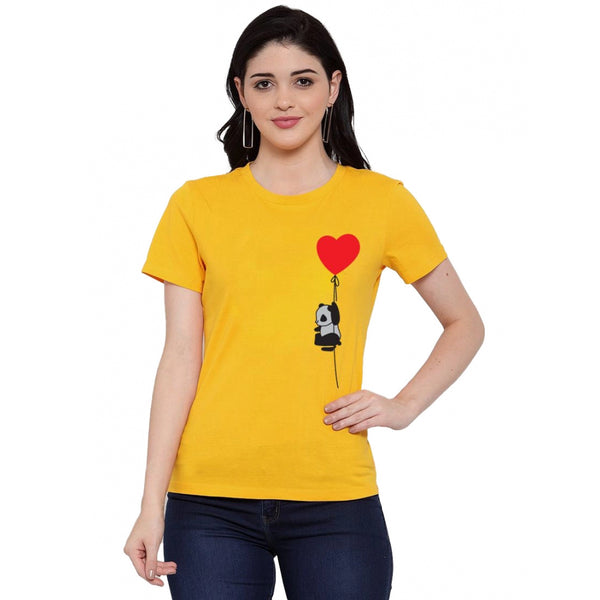 Generic Women's Cotton Blend Panda With Heart Balloon Printed T-Shirt (Yellow)