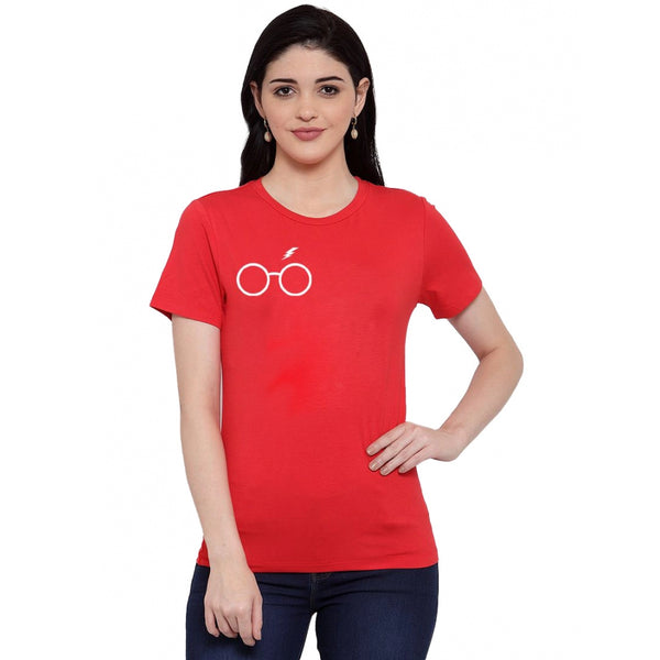 Generic Women's Cotton Blend Right Corner Black Eye Glasses Line Art Printed T-Shirt (Red)