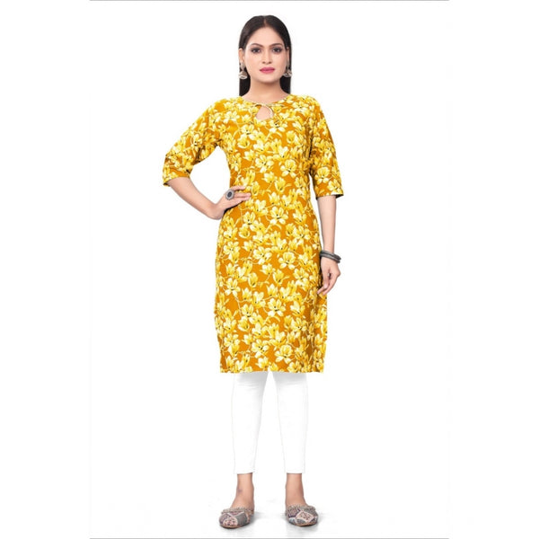 Generic Women's Casual 3/4th Sleeve Floral Print Polyester Knee Length Straight Kurti (Yellow)