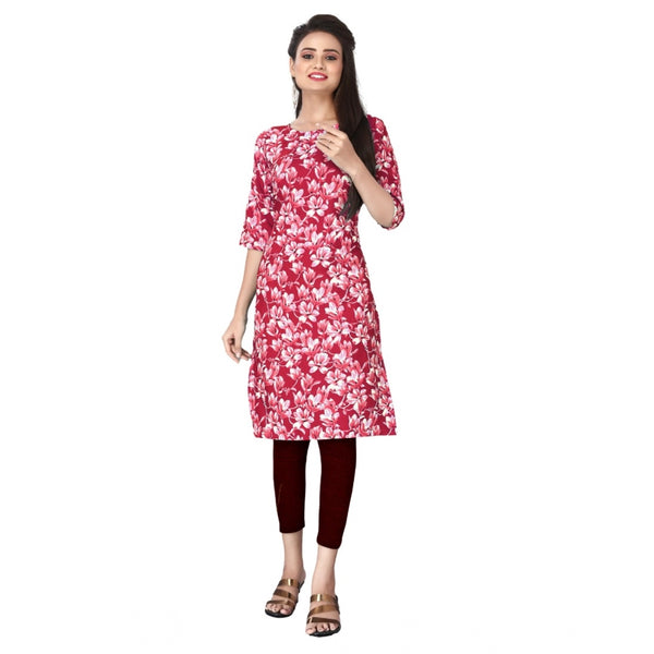 Generic Women's Casual 3/4th Sleeve Floral Print Polyester Knee Length Straight Kurti (Red)