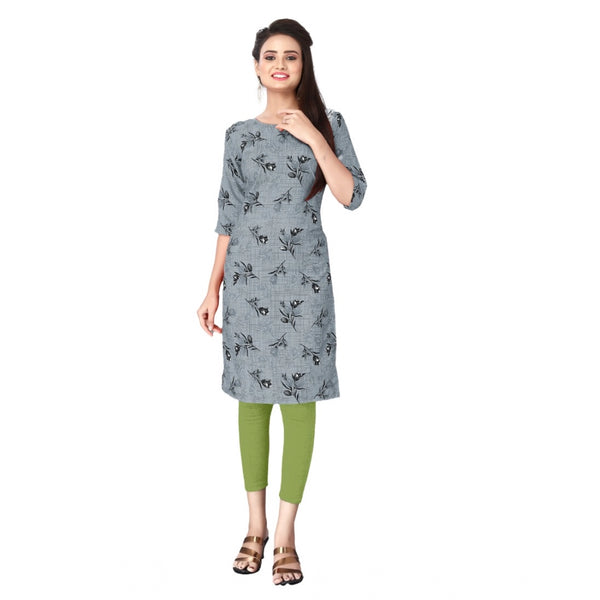 Generic Women's Casual 3/4th Sleeve Floral Print Polyester Knee Length Straight Kurti (Grey)