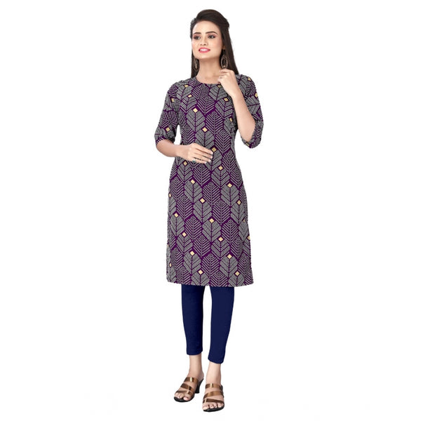 Generic Women's Casual 3/4th Sleeve Printed Polyester Knee Length Straight Kurti (Violet)