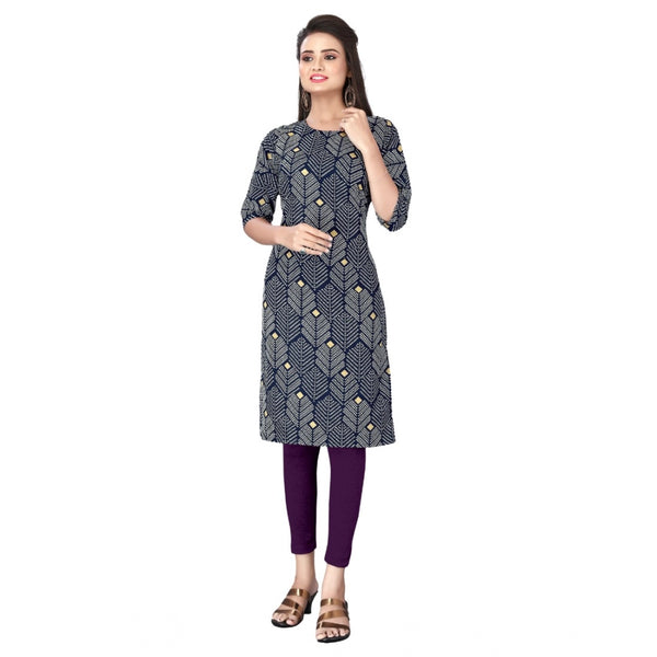 Generic Women's Casual 3/4th Sleeve Printed Polyester Knee Length Straight Kurti (Blue)