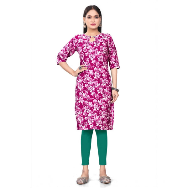 Generic Women's Casual 3/4th Sleeve Floral Print Polyester Knee Length Straight Kurti (Rani)