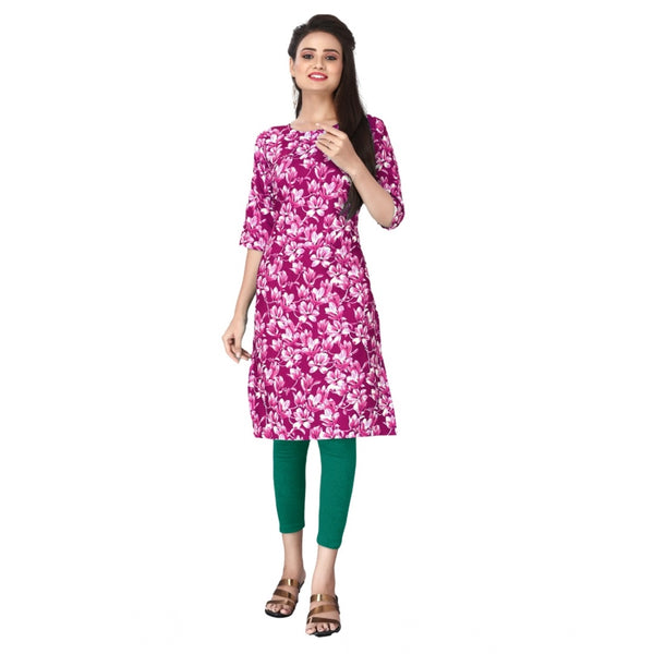 Generic Women's Casual 3/4th Sleeve Floral Print Polyester Knee Length Straight Kurti (Rani)