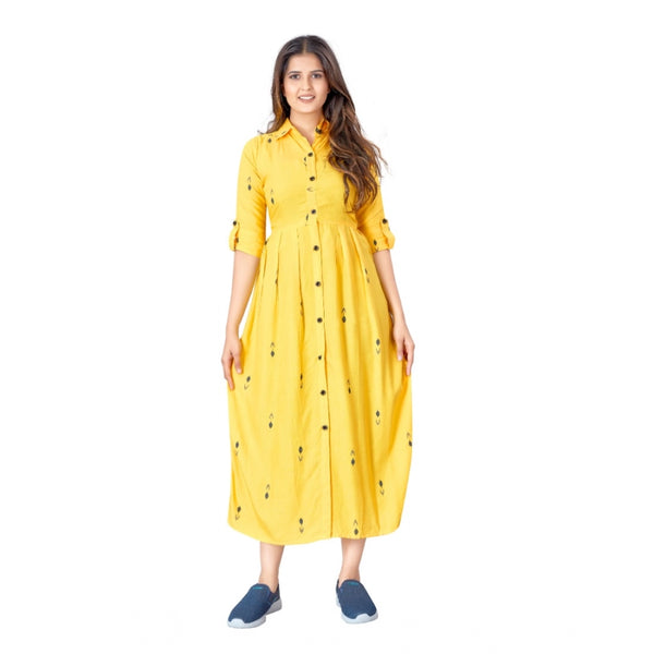 Generic Women's Casual 3/4th Sleeve Printed Rayon Kurti (Yellow)