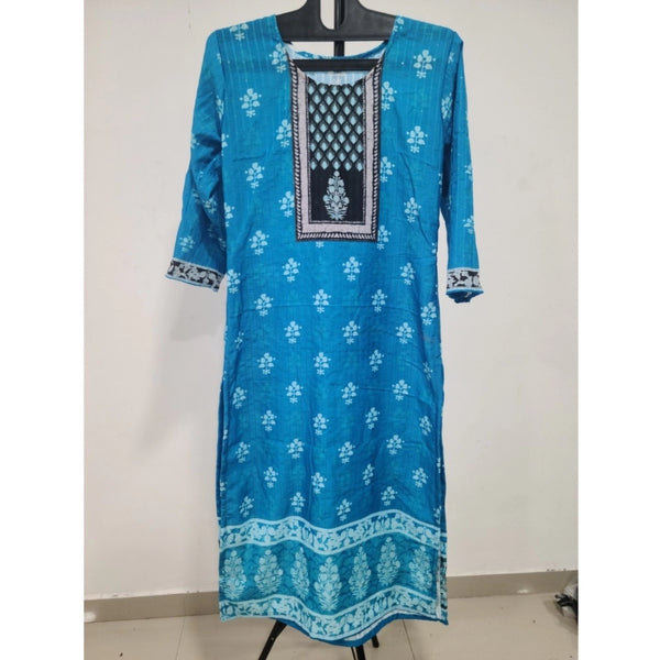 Generic Women's Casual 3/4th Sleeve Digital Printed Muslin Kurti (Turquoise Blue)