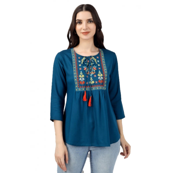 Generic Women's Embroidered Short Length Rayon Tunic Top (Light Blue)