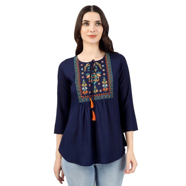 Generic Women's Embroidered Short Length Rayon Tunic Top (Blue)