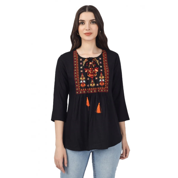 Generic Women's Embroidered Short Length Rayon Tunic Top (Black)