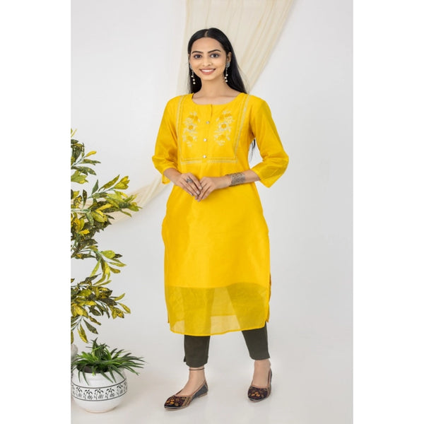 Generic Women's Casual 3/4 Sleeve Chanderi Printed Kurti (Yellow)