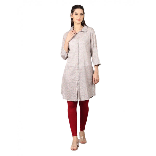Generic Women's Casual 3/4 Sleeve Cotton Blend Printed Kurti (Grey)