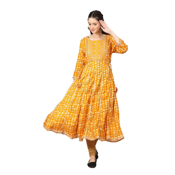 Generic Women's Casual 3/4 Sleeve Cotton Blend Printed Kurti (Yellow)