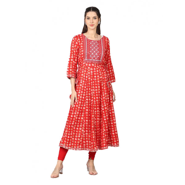 Generic Women's Casual 3/4 Sleeve Cotton Blend Printed Kurti (Red)