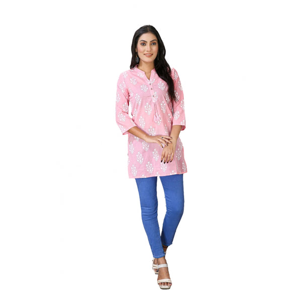 Generic Women's Casual 3/4 Sleeve Cotton Blend Printed Kurti (Pink)